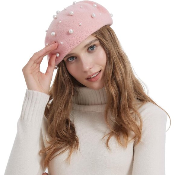 Women Pearl Beret Soft Wool Beanie Elegant French Artist Style Cap - Picture 4 of 7